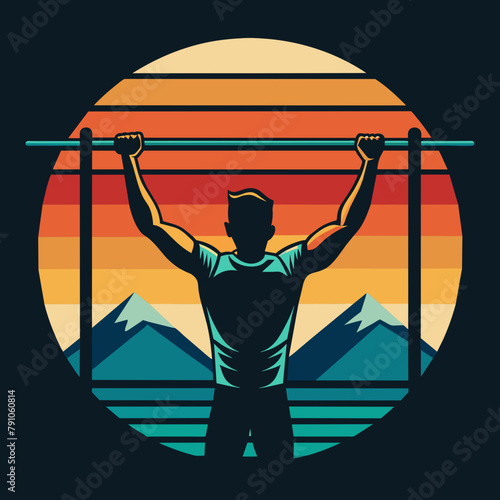 Person doing pull-ups bar ,retro, t-shirt design vector illustration 