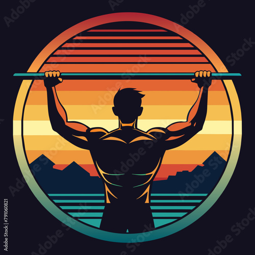 Person doing pull-ups bar ,retro, t-shirt design vector illustration 