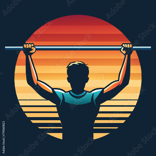 Person doing pull-ups bar ,retro, t-shirt design vector illustration 