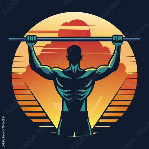 Person doing pull-ups bar ,retro, t-shirt design vector illustration 
