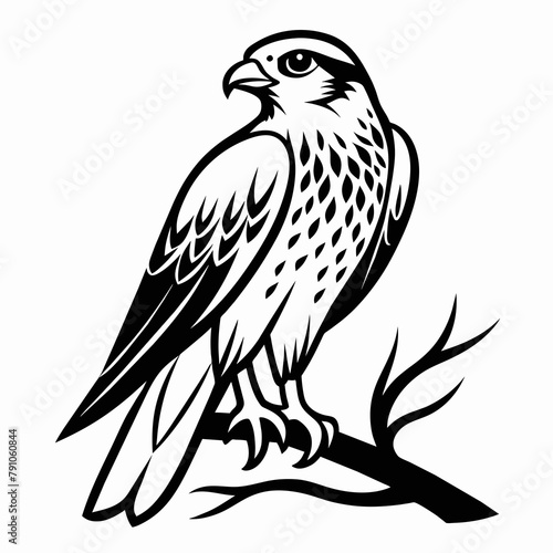 Illustrate a vector outline of a falcon on the tree branch, against a white background