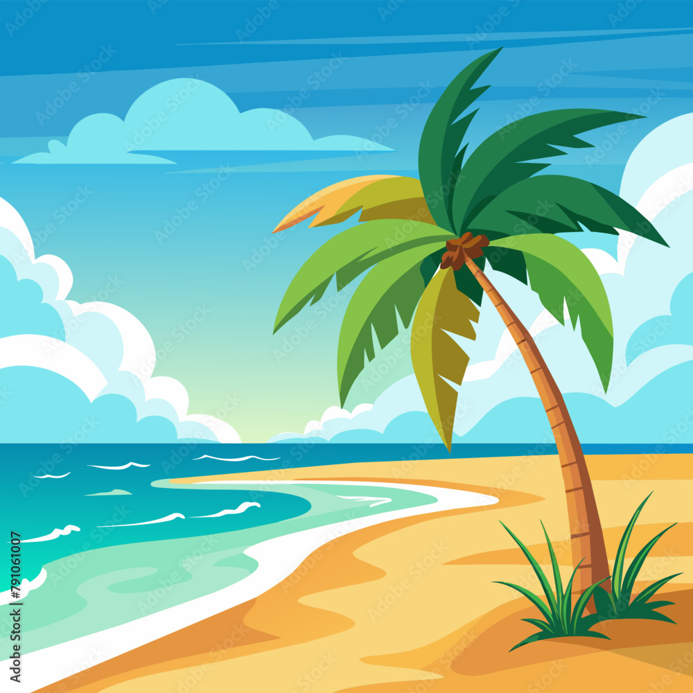 Beach a sandy beach with a palm tree swaying in the breeze vector illustration 