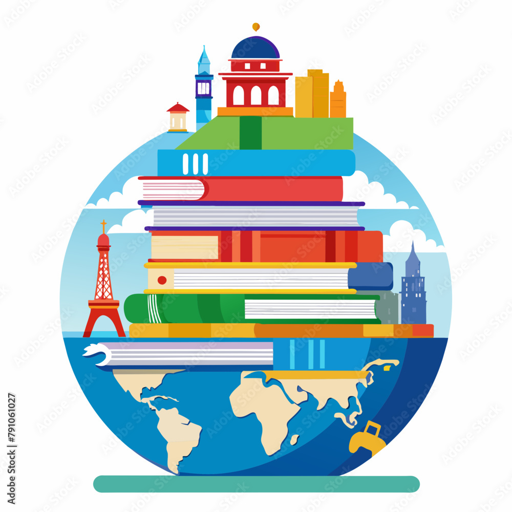 Illustrate a globe-shaped stack of colorful books, with each book spine featuring iconic landmarks from around the world, celebrating the diversity of cultures and literature.- white background