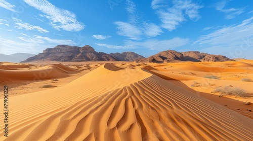  A desert landscape with sand dunes and mountains beneath a blue sky adorned with wisps of cloud