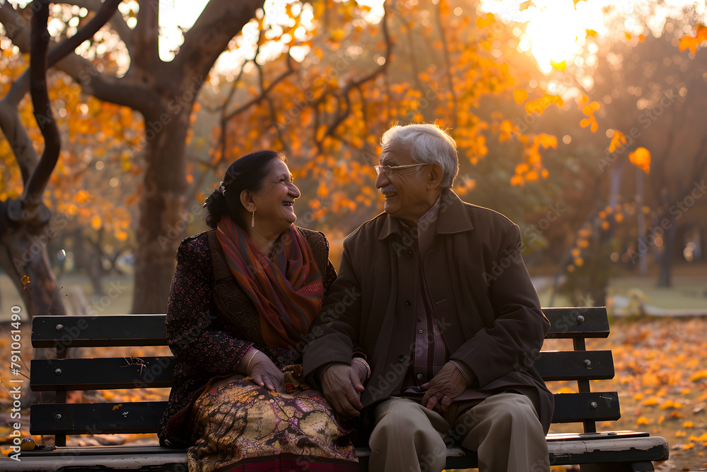 Obraz premium middle-aged couple talking on a park bench,