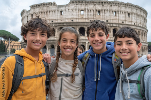 young schoolchildren on a field trip to the roman colosseum