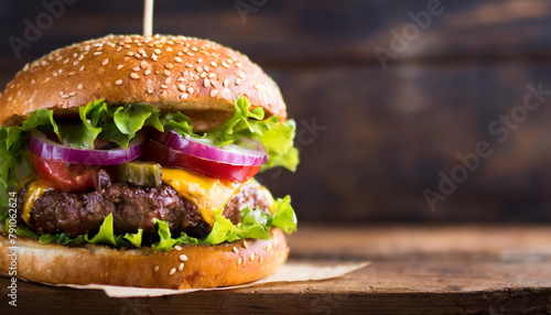 Close-up of a succulent beef burger on a wooden table, with a big copy space on the right