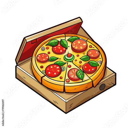 Fresh pizza with tomato, cheese, olive, sausage, onion, basil in cardboard box. Traditional italian fast food
