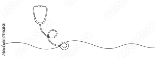 Medical stethoscope depicted with one solid editable line. Doctor's instrument. World health day, medical research concept, doctor's equipment. Line vector illustration.