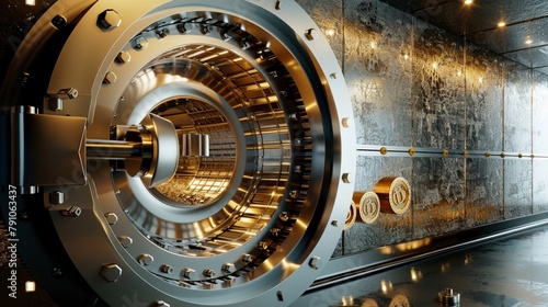 A bank vault door opens to reveal a secure area where gold is stored, highlighting the importance of bank security