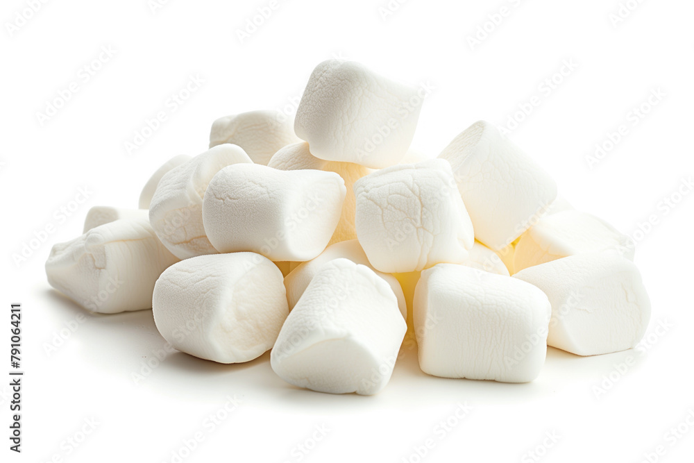 A detailed close-up image of a pile of soft, white marshmallows, isolated on a white background, highlighting their texture and form.