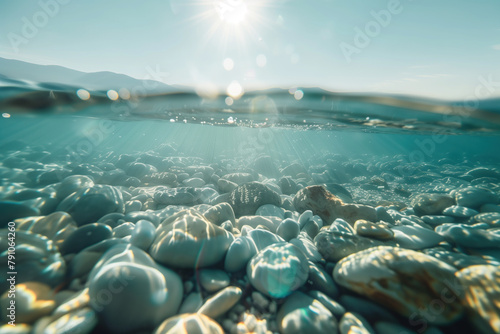 A photo of a rocky beach with the sun shining on the water