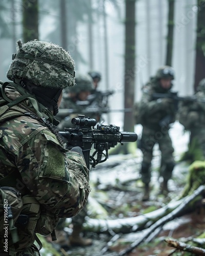 A filming crew captures soldiers navigating a forest, their camouflage blending seamlessly with the natural surroundings