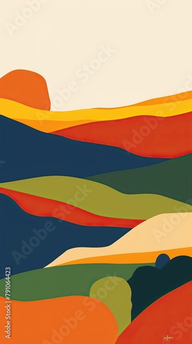 Creative minimalist flat illustrations of landscape modern art. Summer background. Natural abstract landscape background. Mountain, forest, sea, sky, sun, and river. High quality AI generated image © Javid