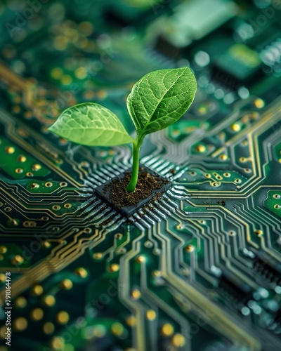 A green seedling grows directly from a microchip, illustrating the harmony between technology and environmental consciousness
