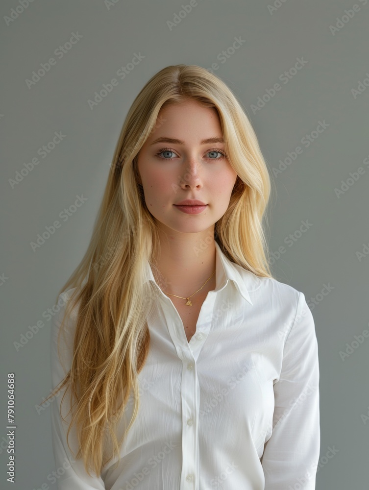 Young attractive European woman on a gray background wearing white business clothes. Style and fashion, female beauty. Young attractive European woman on a gray background wearing white business clothes. Style and fashion, female beauty.