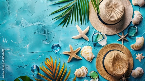 Summer theme background. Blue background Accessories On Blue Plank - Summer Holiday Banner. Summer elements. High quality AI generated image