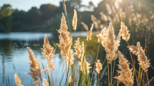 Close up of blooming reeds by the water s edge