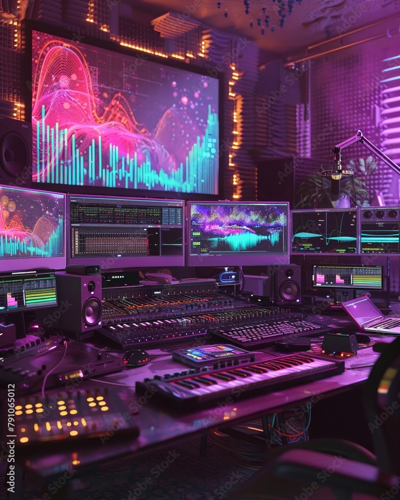 A music editing studio buzzing with creativity, sound waves visualized on screens amidst artistic chaos