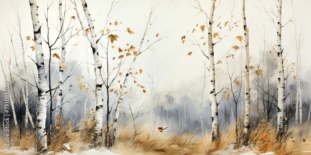 Silver bitch forest trees at wutumn season. Nature outdoor landscape background drawing painting scene Silver bitch forest trees at wutumn season. Nature outdoor landscape background drawing painting scene