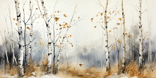 Silver bitch forest trees at wutumn season. Nature outdoor landscape background drawing painting scene