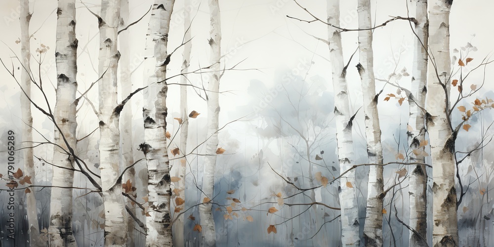 Silver bitch forest trees at wutumn season. Nature outdoor landscape background drawing painting scene Silver bitch forest trees at wutumn season. Nature outdoor landscape background drawing painting scene