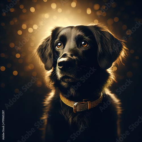 Schattenwächter: Ein Hundeporträt im goldenen Licht, eleganter schwarzer Hund mit goldenem Halsband