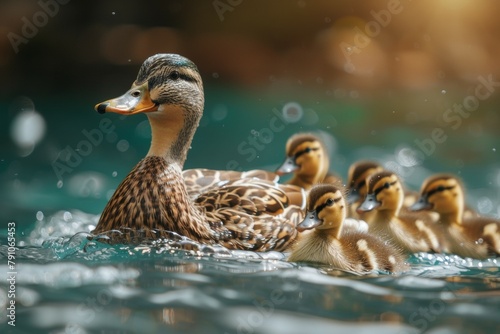 A mother duck and her ducklings are swimming in a body of water