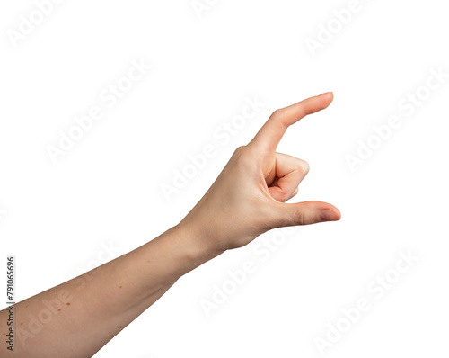 Female hand gesture isolated on white background. Showing invisible object, palm open. Concept, transparent png