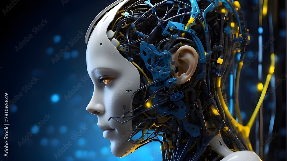 An image of a humanoid head in side view, symbolizing artificial intelligence and futuristic technology, with blue and yellow eyes and a bright neon neural network. Artificial Intelligence An image of a humanoid head in side view, symbolizing artificial intelligence and futuristic technology, with blue and yellow eyes and a bright neon neural network. Artificial Intelligence