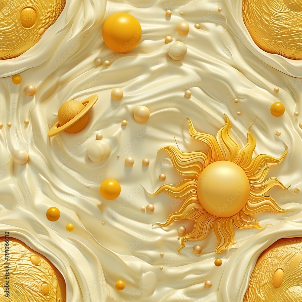 A 3D-rendered seamless pattern featuring the sun at the center of a solar system, with planets orbiting in smooth, elliptical paths. Seamless Pattern, Fabric Pattern, Tumbler Wrap, Mug Wrap. - obrazy, fototapety, plakaty 