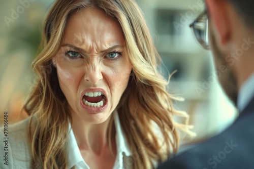 A woman screams and swears in the office. Concept of aggression and stress at work. Backdrop with selective focus