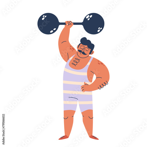 Brawny Circus Strongman In Striped Attire, Showcases Incredible Strength, Effortlessly Hoisting A Massive Barbell