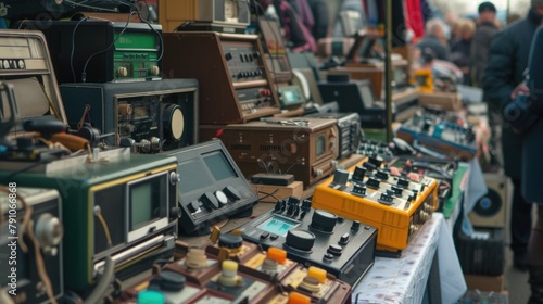 A diverse collection of vintage radios and TVs are displayed on a metal table in a room, sharing the history of engineering and science in the city's building and machine events. AIG41 photo