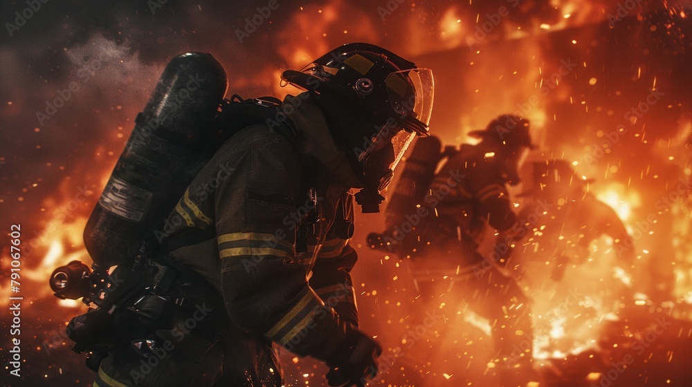 A team of firefighters works together to rescue victims from a fierce blaze, epitomizing true heroism A team of firefighters works together to rescue victims from a fierce blaze, epitomizing true heroism
