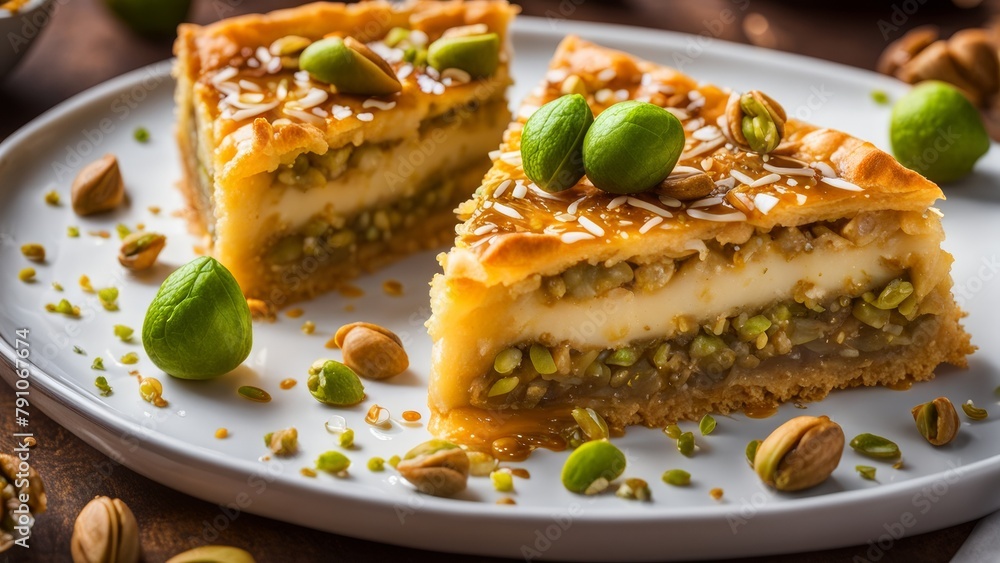 Baklava with honey cheesecake and pistachios.
