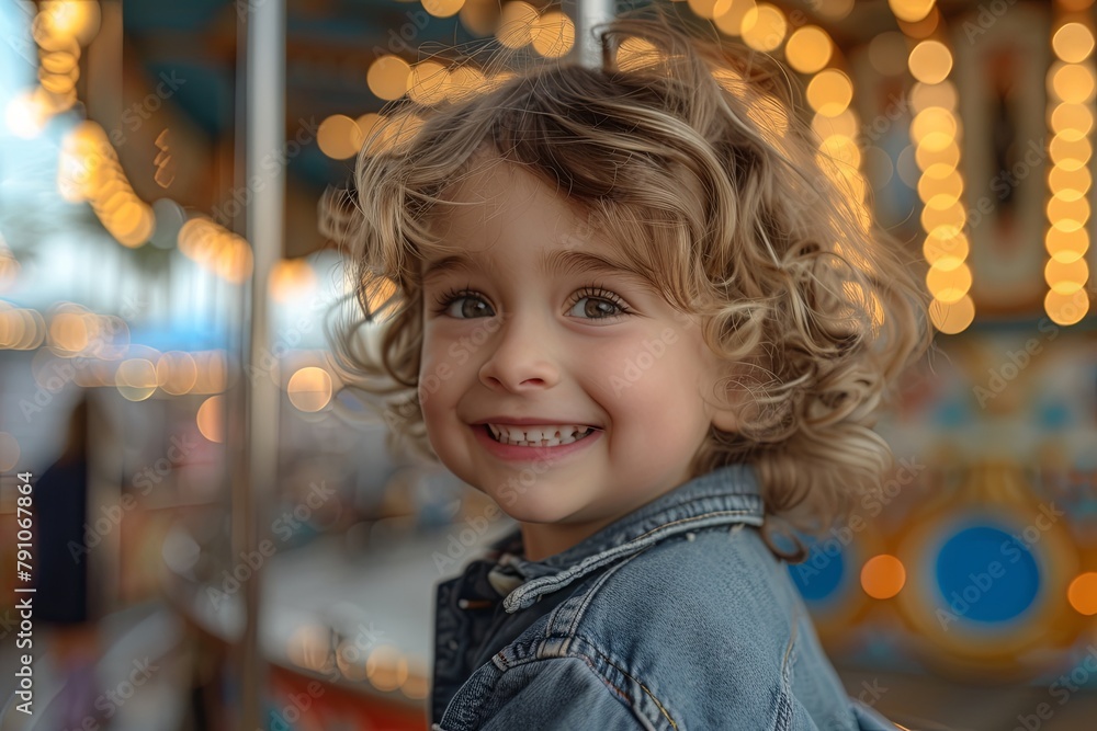 Happy child in an amusement park stands in front of a carousel with lights Happy child in an amusement park stands in front of a carousel with lights