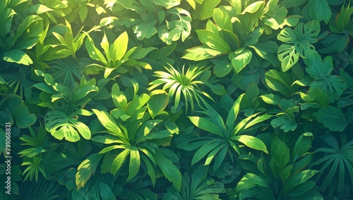 A dense jungle of green leaves illuminated by the soft glow of sunlight  creating an enchanting and lush background for your product presentation. 