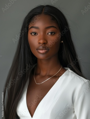 Wallpaper Mural  Young attractive African American woman on a gray background wearing white business clothes. Style and fashion, female beauty. Torontodigital.ca