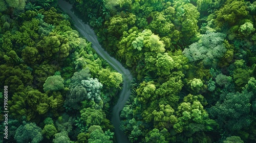 An aerial perspective of a forest road  a ribbon of tranquility winding through lush  vibrant greenery