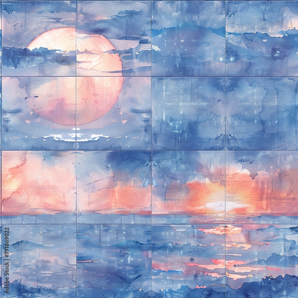 Watercolor tiles capturing the peaceful interaction between sun and water at dusk, each piece seamlessly transitioning to depict the calming effect. Seamless Pattern, Fabric Pattern, Tumbler Wrap, Mug