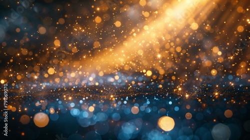 Festive background with sun rays, silver and gold bokeh.