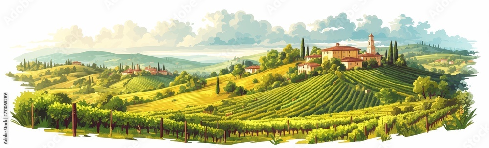 A flat vector illustration of vineyards on the hills with small houses in the background, white sky, green grass and brown soil