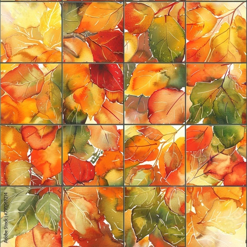 Seamless pattern of watercolor tiles showcasing sun flares peeking through autumn leaves, with a warm palette that blends smoothly across tiles. Seamless Pattern, Fabric Pattern, Tumbler Wrap, Mug Wra photo