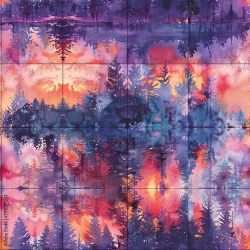 Watercolor tile pattern illustrating the vibrant contrasts at sunset in the woods, with seamless transitions of light and color. Seamless Pattern, Fabric Pattern, Tumbler Wrap, Mug Wrap. © Thanthara