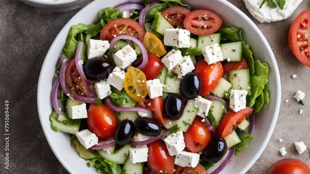 Greek salad with ripe tomatoes, olives and feta served on a white plate.