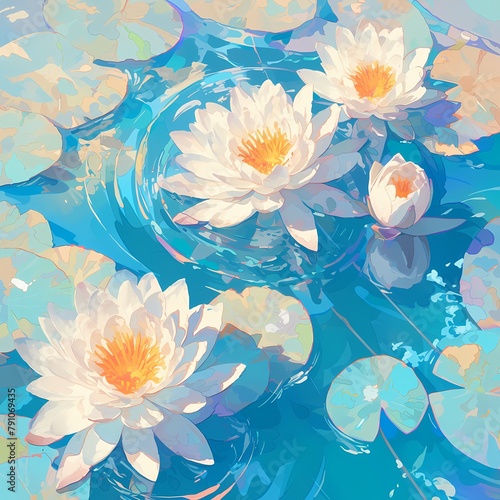 Peaceful Scene of a Serene Pond with White Lotus Blossoms and Sunlit Blue Water Ripples, Inspired by Monet's Artistic Vision