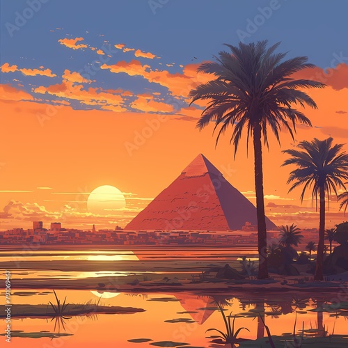 Dazzling Dawn Over Ancient Egypt  A Vivid Perspective of the Pyramids at Dusk with Lush Palm Trees