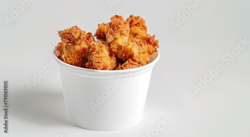 crispy fried chicken strips in a white bucket on a clean white background, for your mock-up