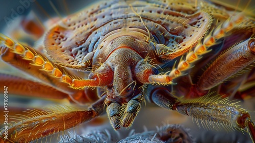 Bedbug Close-Up  Cimex Hemipterus on Bed Background photo